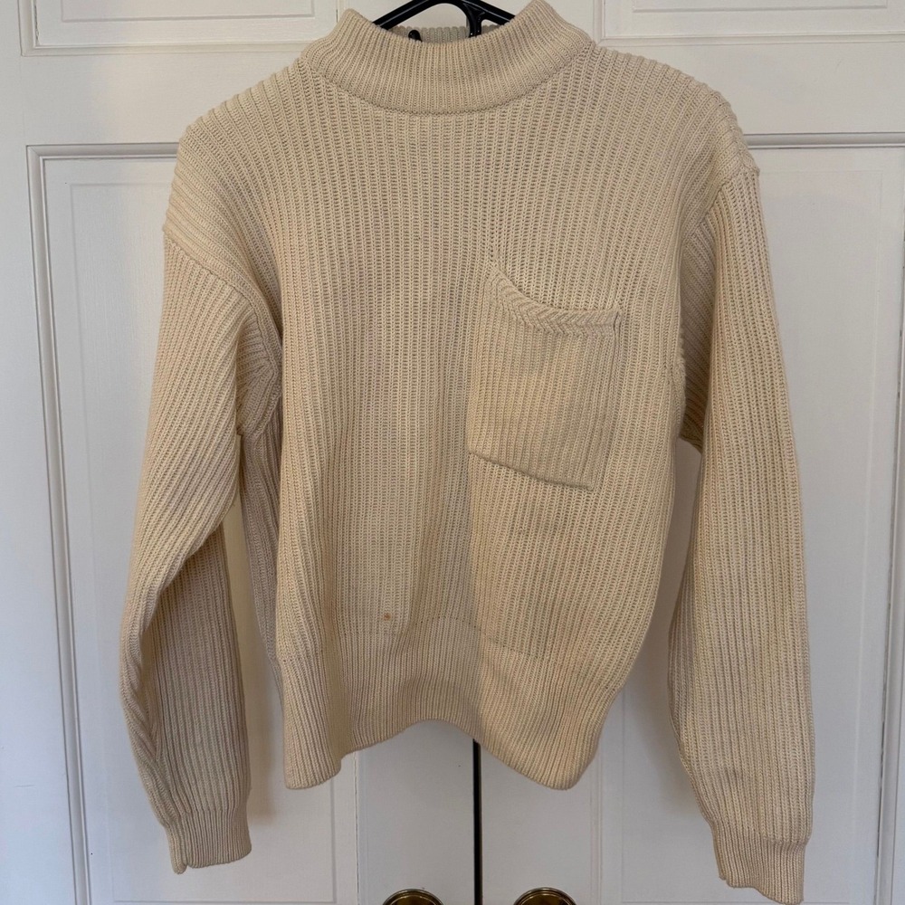 Cream-colored, ribbed knit mock neck sweater size medium with chest pocket